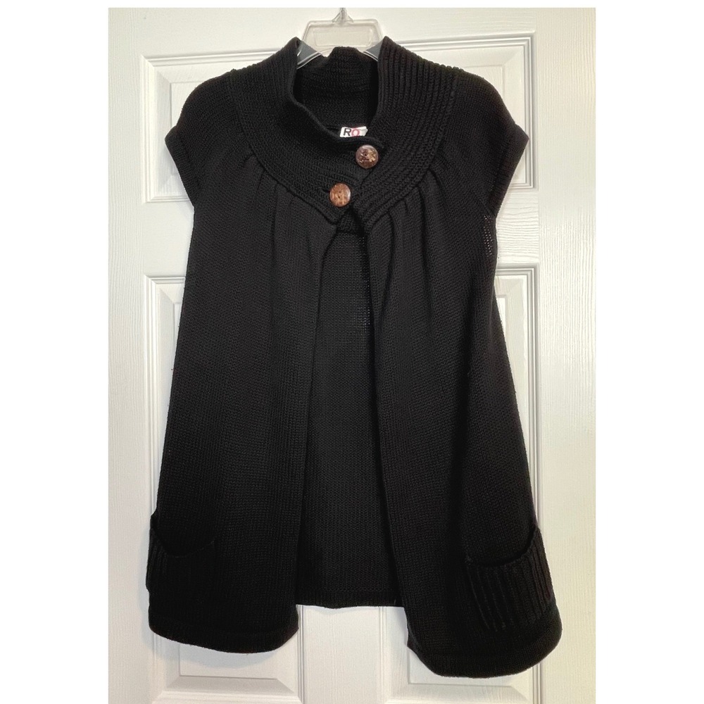 Roxy Sweater Vest Womens Medium Black Chunky Knit Button Pockets Boho